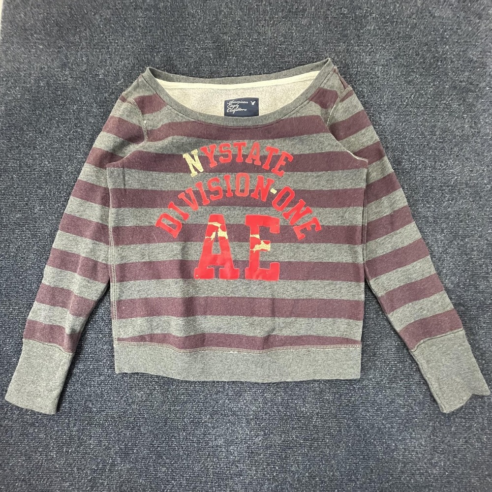 American Eagle Outfitters Sweater Womens Medium Gray Burgundy Stripe AE Y2K